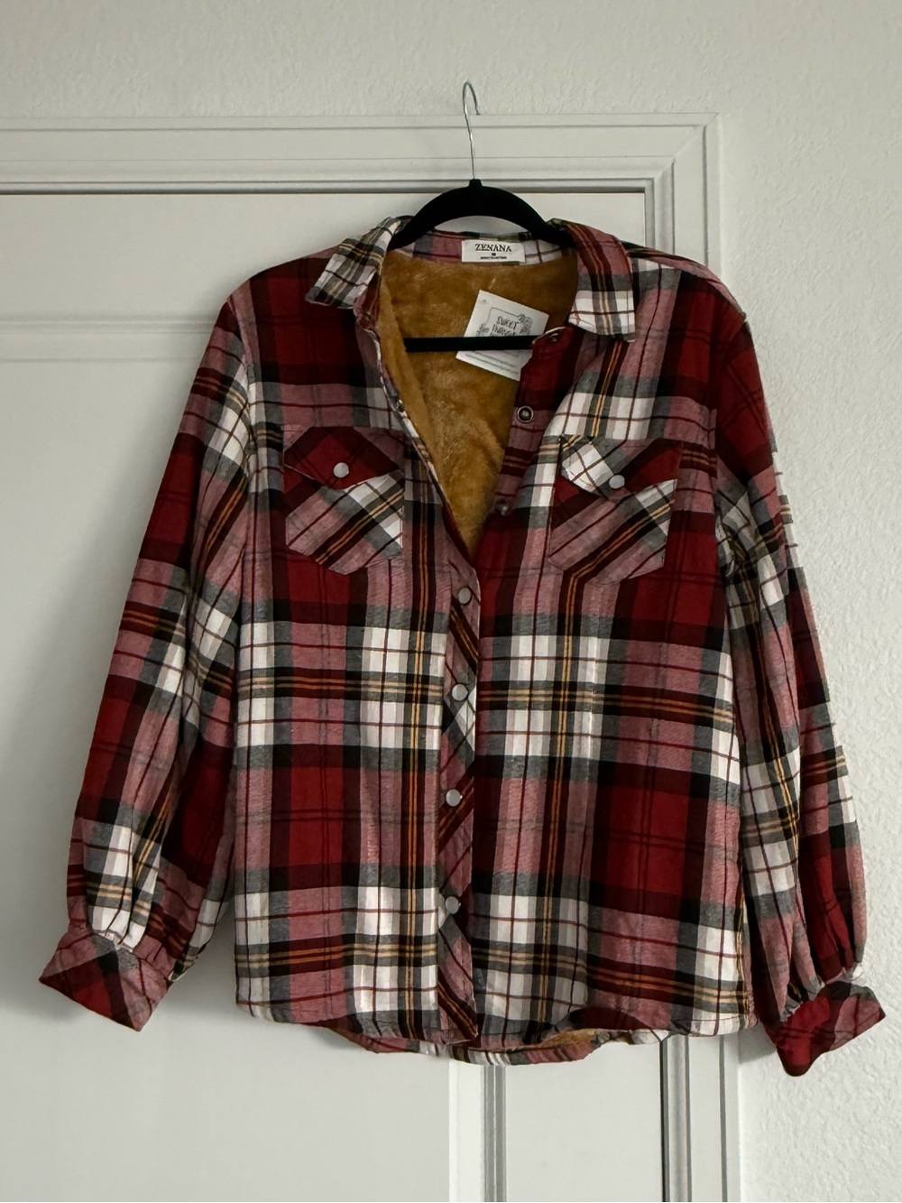 Zenana, Red Plaid Sherpa-Lined Shacket/Jacket, Button Snap, Womens Medium